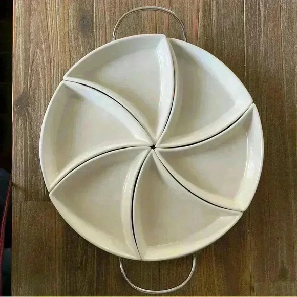 Godinger Sienna Segmented Relish Serving Tray White w Chrome Holder Charcuterie - Picture 1 of 4